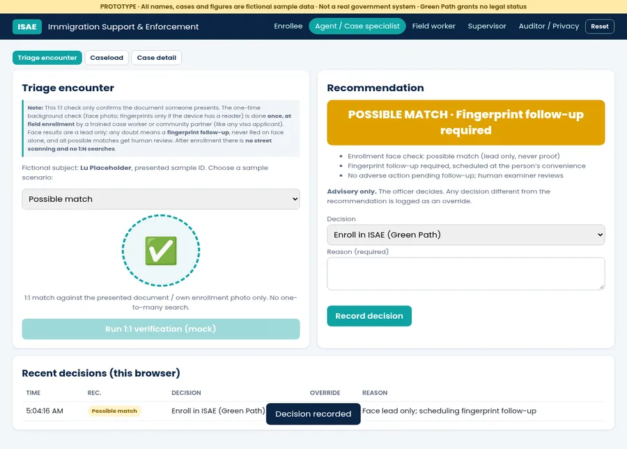 Prototype agent dashboard showing a possible-match flag